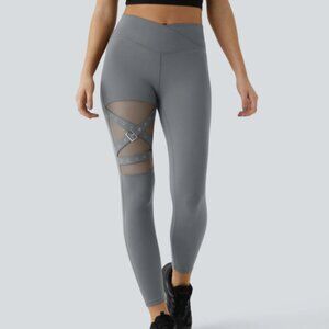 High Waisted Crossover Contrast Mesh Decorative Buckle Yoga Leggings